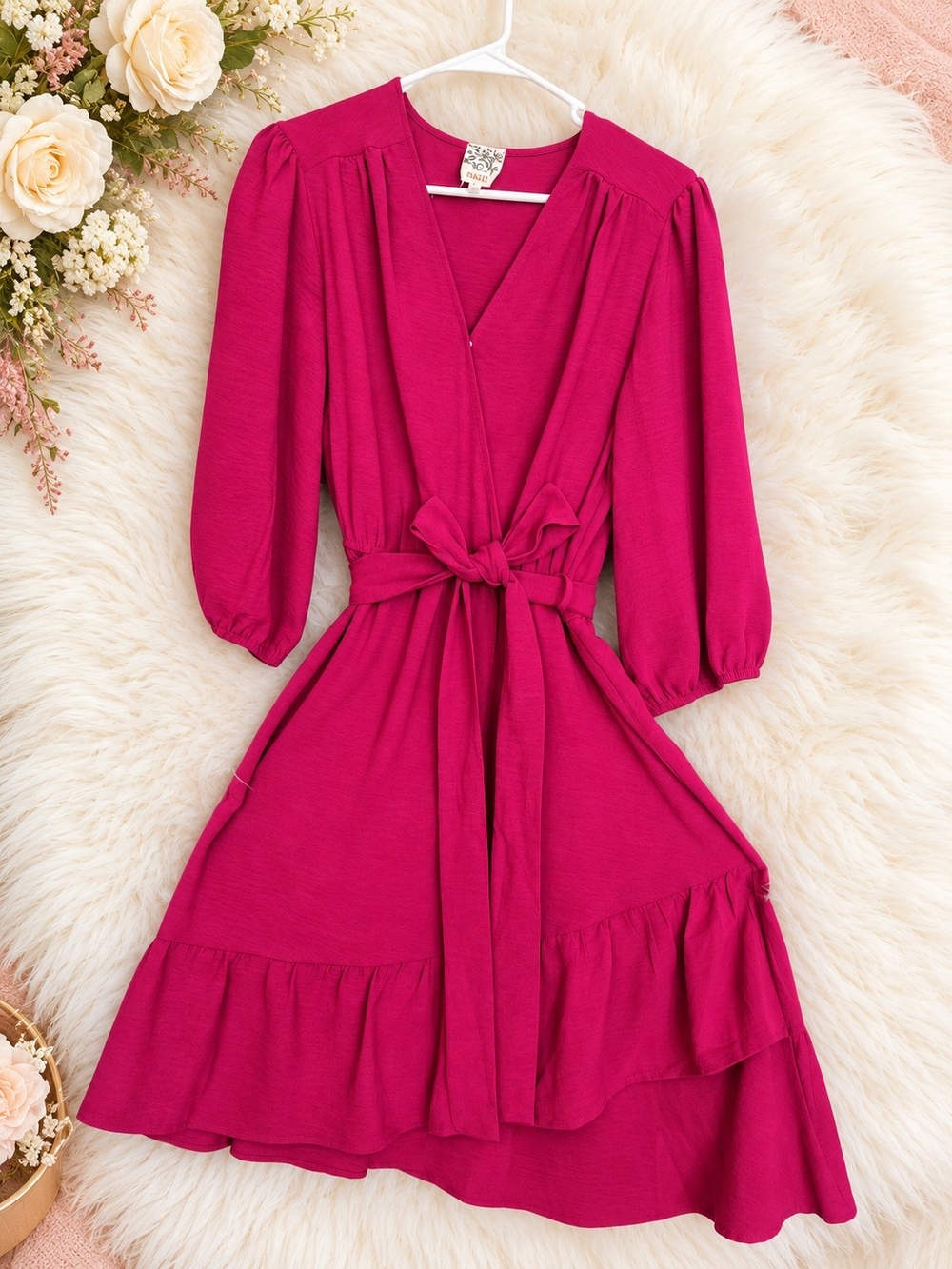 Women’s Fuchsia Wrap Dress with Tie Waist